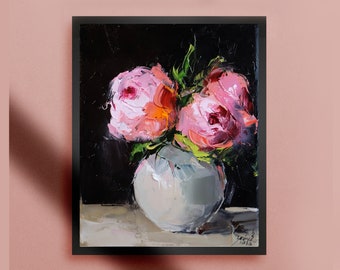 Pink peonies original oil painting on stretched canvas. Peony wall art. Flowers wall decor, canvas painting. Flowers vase black background