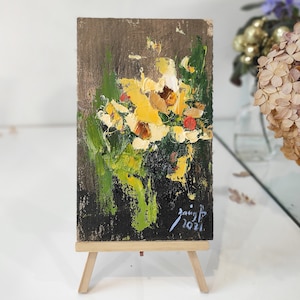 Yellow flowers original oil ainting forget-me-nots painting flowers wall art flowers wall decor original art small painting