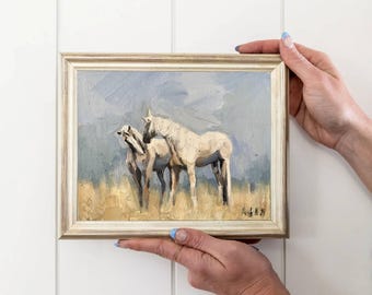 Chevaux blancs peinture petite peinture à l&#39;huile cheval sauvage Art toile Art équestre abstrait vintage cheval Art ferme maison cadeau amateur de chevaux