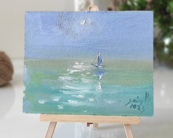 Boat original painting boat small art lonely sailboat at sunset original art seascape small painting moonlit night sea artwork sea wall art