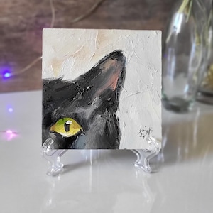 Gato preto pintura original gato arte de parede olho de gatinho preto arte original gato decoração de parede pequena pintura gato mini arte presente para dono de gato