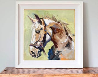 Pintura ecuestre al óleo sobre lienzo: retrato abstracto de caballo, decoración de estilo rústico.