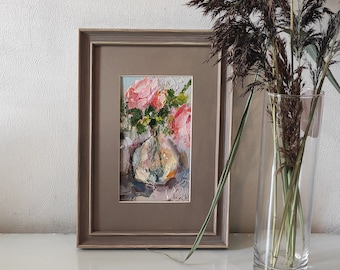 Flowers in a glass vase original oil painting flowers wall art roses painting rose wall art small painting small art flowers artwork