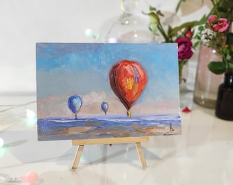 Air balloon painting original air balloon wall art Small painting air balloon landscape painting small art blue sky wall decor