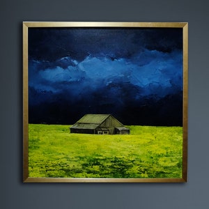 House in field original painting thunderstorm art. Field wall decor original art canvas painting house wall art minimalistic house artwork