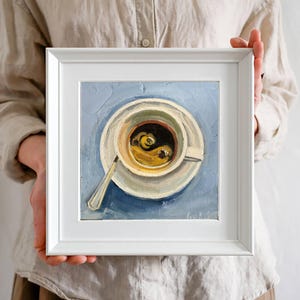 Tasse à café, peinture à l'huile miniature originale, art du café-bar, nature morte, décoration murale café, petite cuisine, oeuvre d'art café