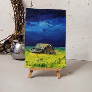 Pintura original de una casa en el campo, arte de tormenta. Decoración de pared de campo, arte original, pintura de cartón, arte de pared de casa, mini casa