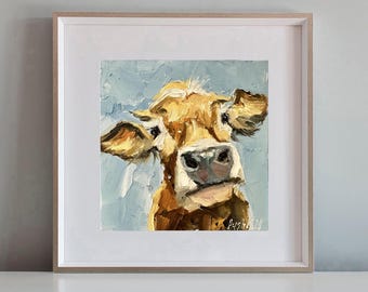 Portrait de vache rousse, peinture à l&#39;huile Art vache, animaux de la ferme Portrait ferme, toile Art, peinture originale, art du taureau, peinture miniature, décor de ferme