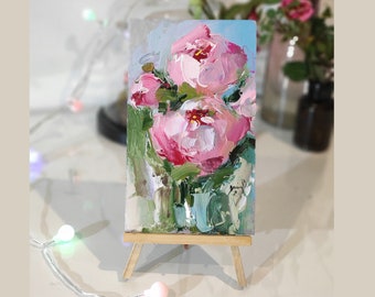 Peonies original oil painting. Flowers art. Original art. Small painting. Peony wall art. Pink peonies artwork. Floral wall decor. Mini art