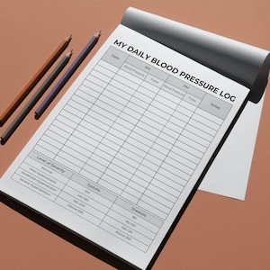 May include: A white printable blood pressure log with a black grid and headings for date, AM, PM, blood pressure, pulse, and notes. The log also includes a chart with systolic and diastolic blood pressure ranges and their corresponding severity levels.