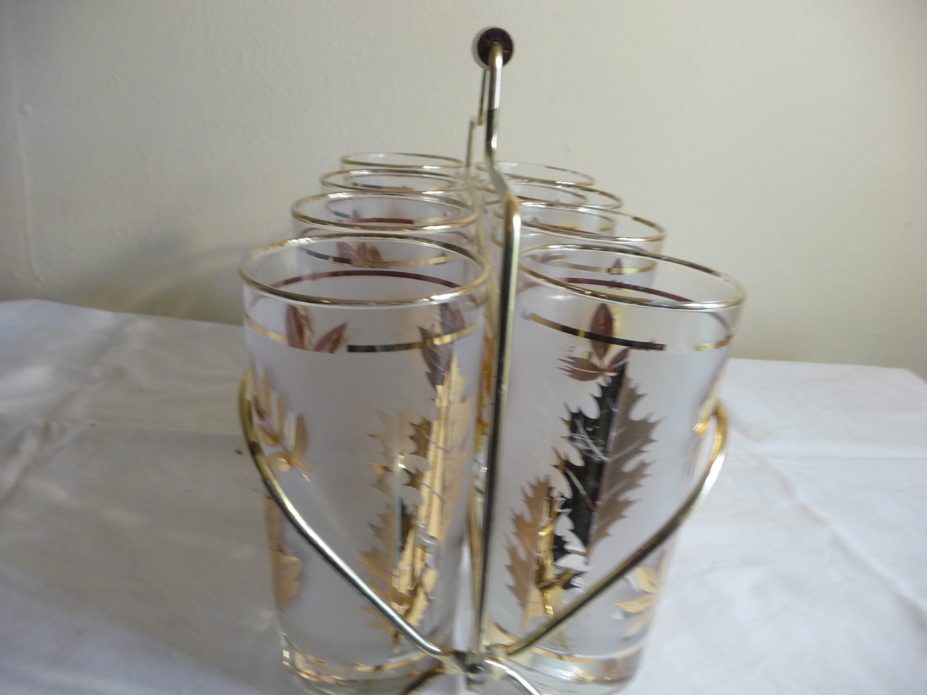 Vintage Libbey Frosted Glasses With Carrier, Libbey Gold Leaf Pattern