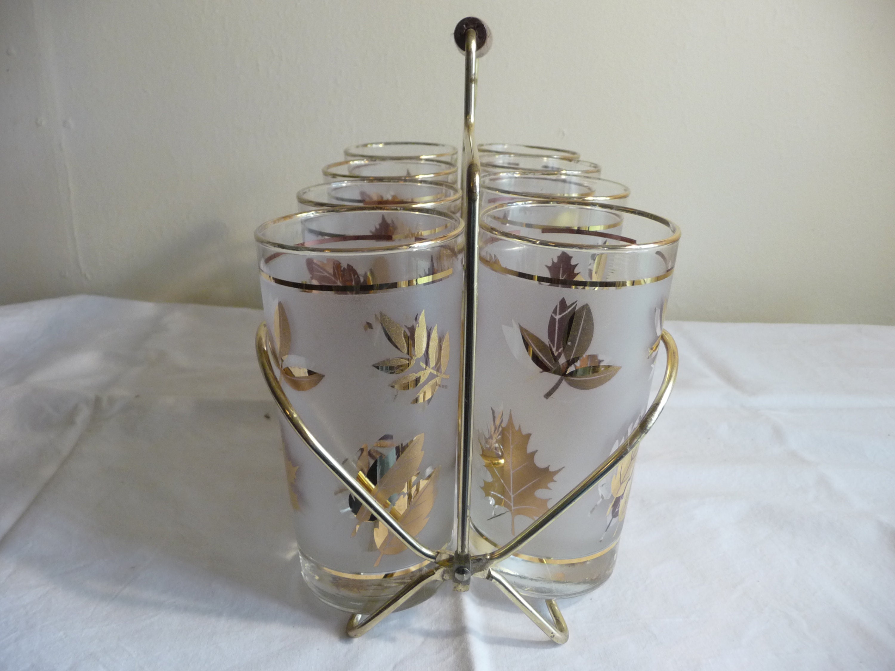 Vintage Libbey Frosted Glasses With Carrier, Libbey Gold Leaf Pattern
