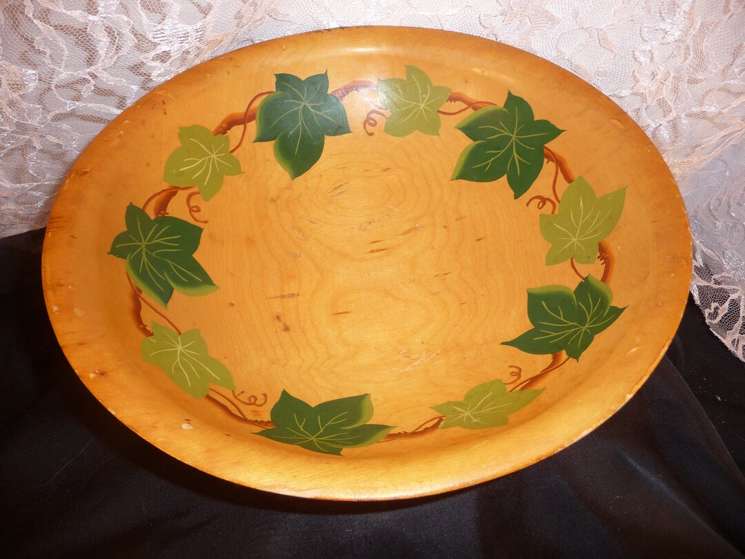 Munising Wooden Bowl Hand Painted Hand Turn Ivy Pattern Wooden Bowl