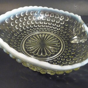 Vintage Moonstone Hobnail Glass Heart Shaped Serving Dish by Anchor Hocking - Opalescent Handled Strawberry Shaped Dish - Starburst Base