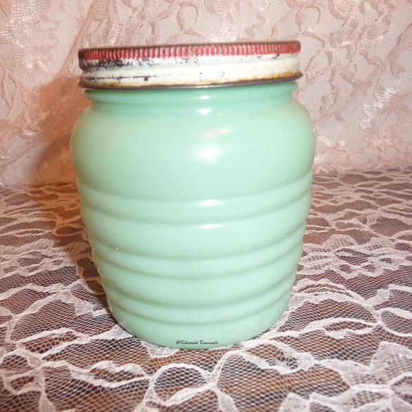 Vintage Jadeite Fire King Ribbed Beehive Grease Jar with Tulip Lid, Anchor Hocking
