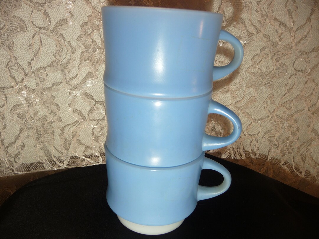 Vintage Fire King 3 Stackable Mugs, Anchor Hocking Stackable Mugs, Blue
