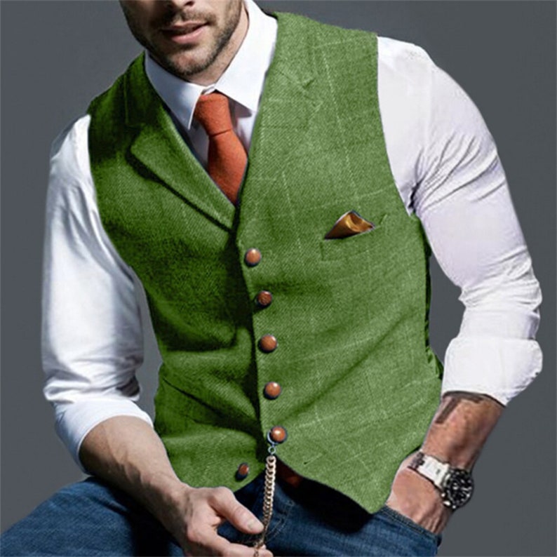 Mens Vest V Neck Herringbone Tweed Waistcoat Green Notch - Etsy