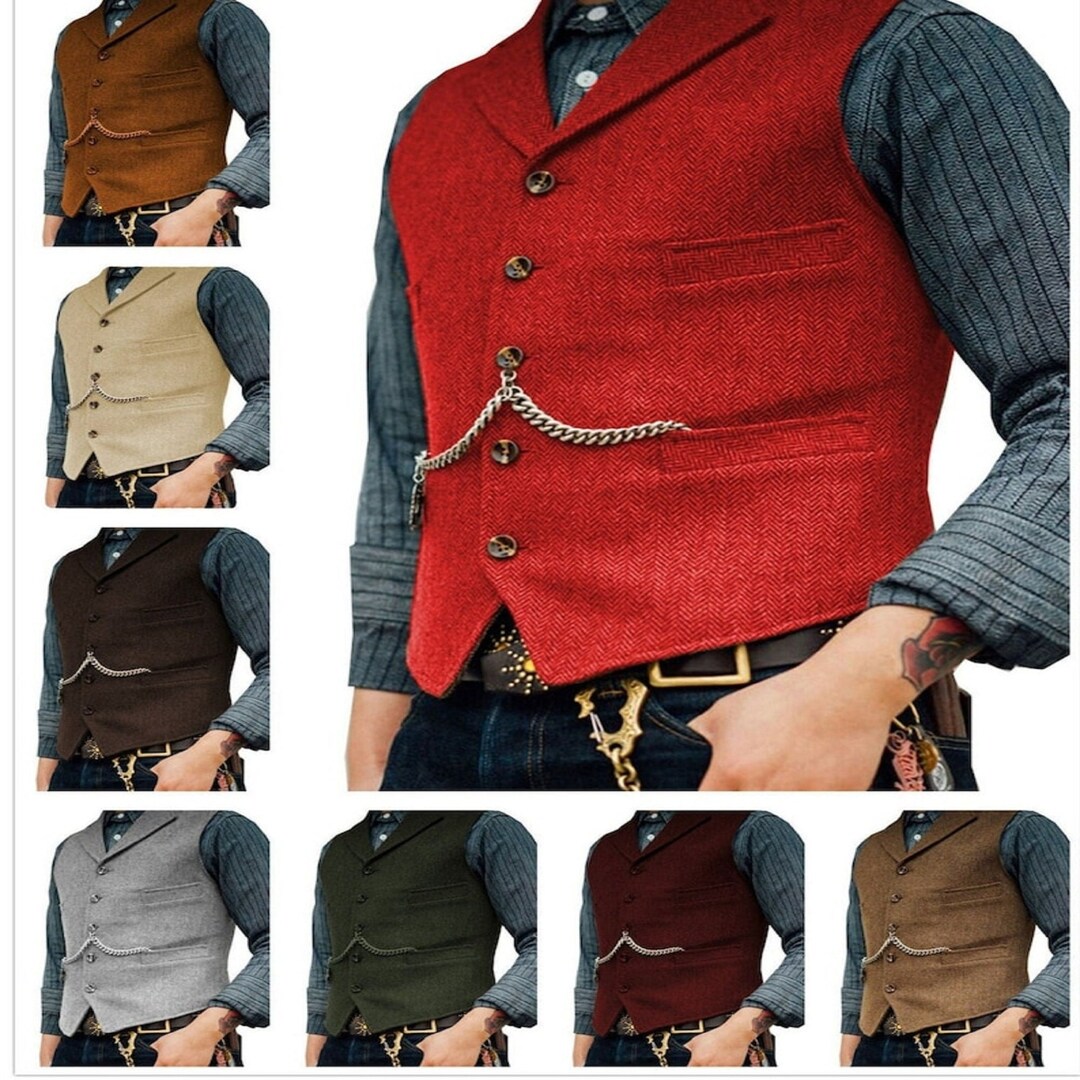 Vest Jacket Mens Tweed Lapel Herringbone Waistcoat Casual - Etsy