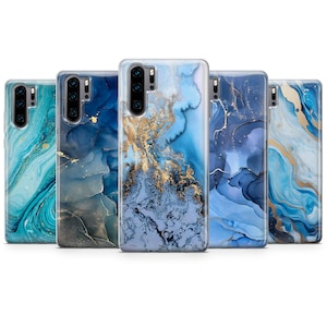 May include: Five phone cases with a blue and gold marble design. The cases are clear and show the phone's design through the case.