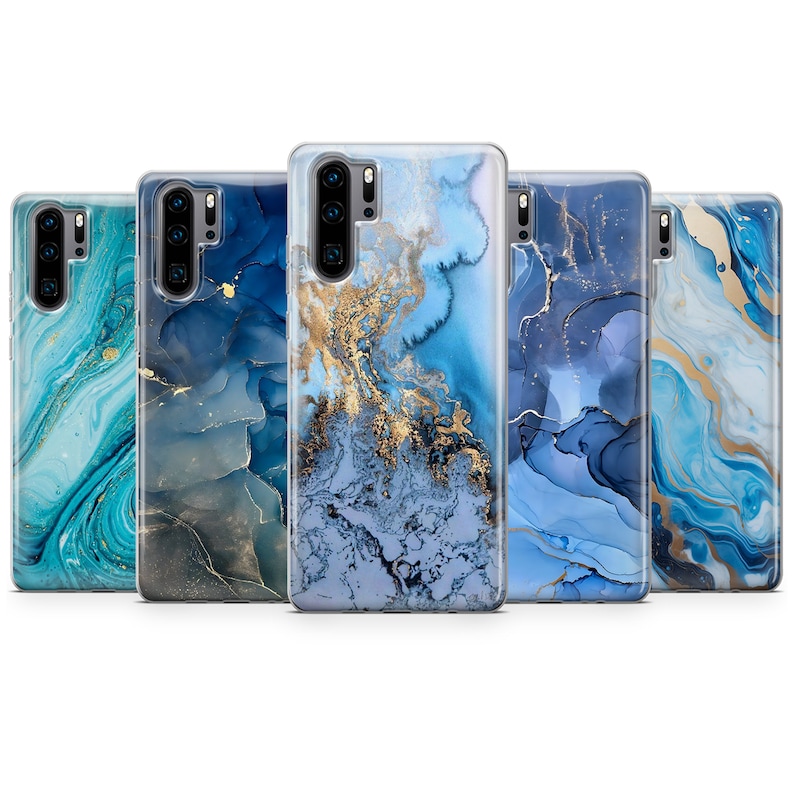 May include: Five phone cases with a blue and gold marble design. The cases are clear and show the phone's design through the case.