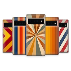 May include: Five different phone cases with retro-inspired designs. The cases feature geometric patterns in shades of red, yellow, blue, orange, and brown.
