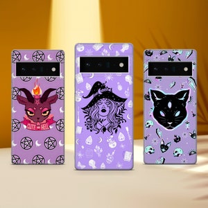 May include: Three different phone cases with a purple background and various designs. The first case features a cartoon goat with horns and the text "Cute as Hell". The second case features a witch with a pointed hat and a cauldron. The third case features a black cat with a crescent moon on its forehead.