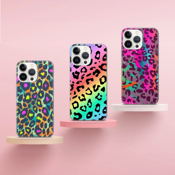 Bunte Leopard Muster Handyhülle Animal Print Cover passend für iPhone 15 Pro 14 11 12 13 XS 7+ Samsung S24 S23 FE S21 S22 S8 A70 Huawei P30