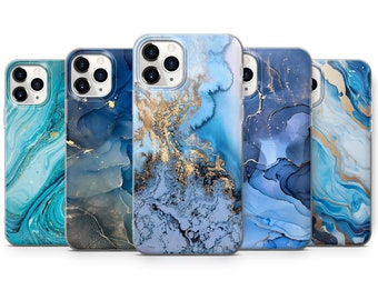 May include: A collection of five phone cases with abstract marble designs. The cases feature shades of blue, gold, and white, with swirling patterns. The cases are designed to fit a smartphone and have camera cutouts.