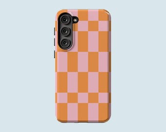 Funda para teléfono a cuadros naranjas y rosas, carcasa para teléfono con diseño de tablero de ajedrez, compatible con Samsung Galaxy S25, S24 FE, S23 Ultra, S23 Plus, S22 Ultra, S20 FE y Note 20.