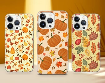 May include: Three iPhone cases with autumn-themed designs. The cases feature a variety of fall colors, including orange, yellow, brown, and green. The designs include pumpkins, leaves, and other fall motifs.