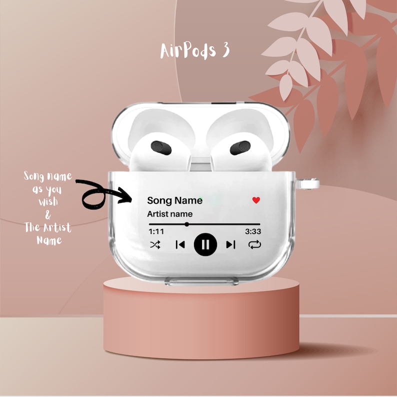May include: A white AirPods 3 case with a clear back panel. The case has a screen displaying a music player with the text "Song Name" and "Artist name". The screen also shows the time 1:11 and 3:33.
