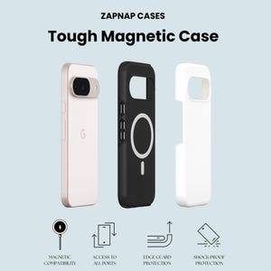 a collection of three different tough magnetic cases for smartphones, including a white case, a black case, and a white case.