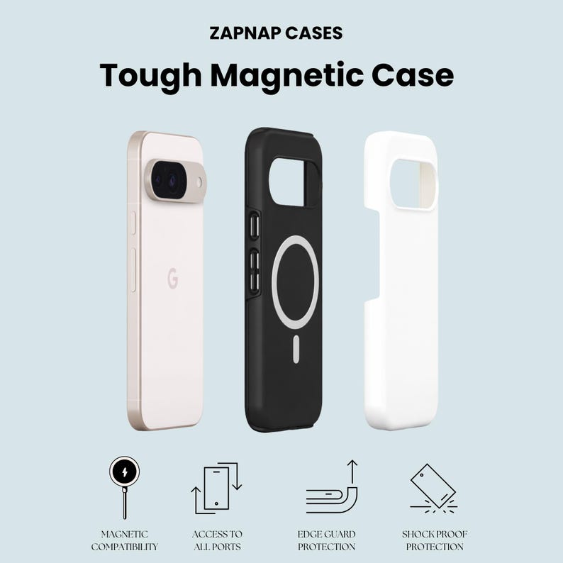 a collection of three different tough magnetic cases for smartphones, including a white case, a black case, and a white case.
