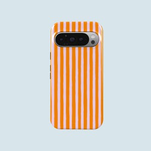 May include: A smartphone case with a vibrant orange and light pink vertical striped pattern. The case has a camera cutout and side buttons. The design is modern and eye-catching, suitable for protecting a phone while adding a pop of color.