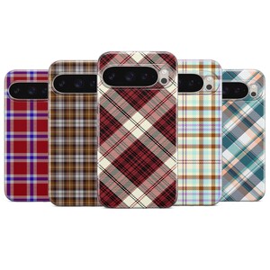 May include: Five phone cases featuring tartan patterns in red, brown, and teal. The cases have a sleek design and a camera cutout. The tartan designs vary in colour and style, offering a range of options.