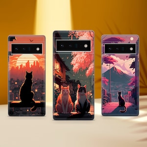 Pode incluir: Três capas de telemóvel com arte de gatos. Cada capa apresenta uma cena diferente: um cenário urbano ao pôr do sol, uma rua japonesa com flores de cerejeira e uma paisagem montanhosa. As capas têm um design elegante e moderno.