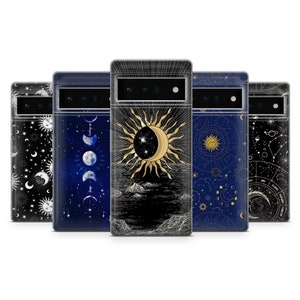May include: Five different phone cases with celestial designs. The cases feature a dark blue background with gold accents. The designs include a sun and moon, a crescent moon, a full moon, a constellation, and a zodiac wheel.