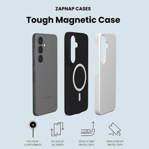 a collection of three different cases for a Samsung smartphone, including a black case, a white case, and a gray case. The cases appear to be designed for ruggedness and protection, with features such as magnetic compatibility, edge guard protection, and shockproof protection.