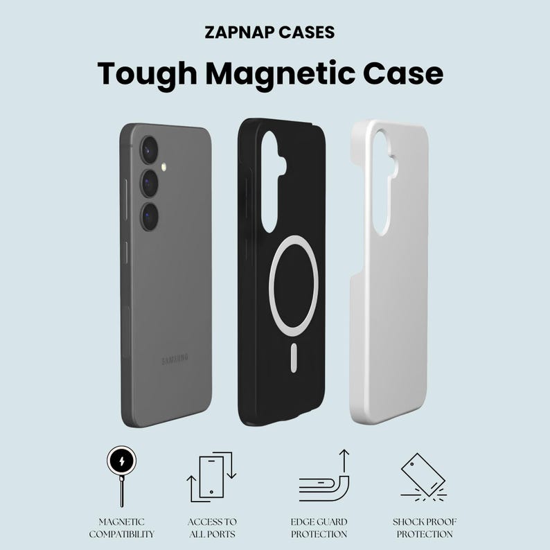 a collection of three different cases for a Samsung smartphone, including a black case, a white case, and a gray case. The cases appear to be designed for ruggedness and protection, with features such as magnetic compatibility, edge guard protection, and shockproof protection.