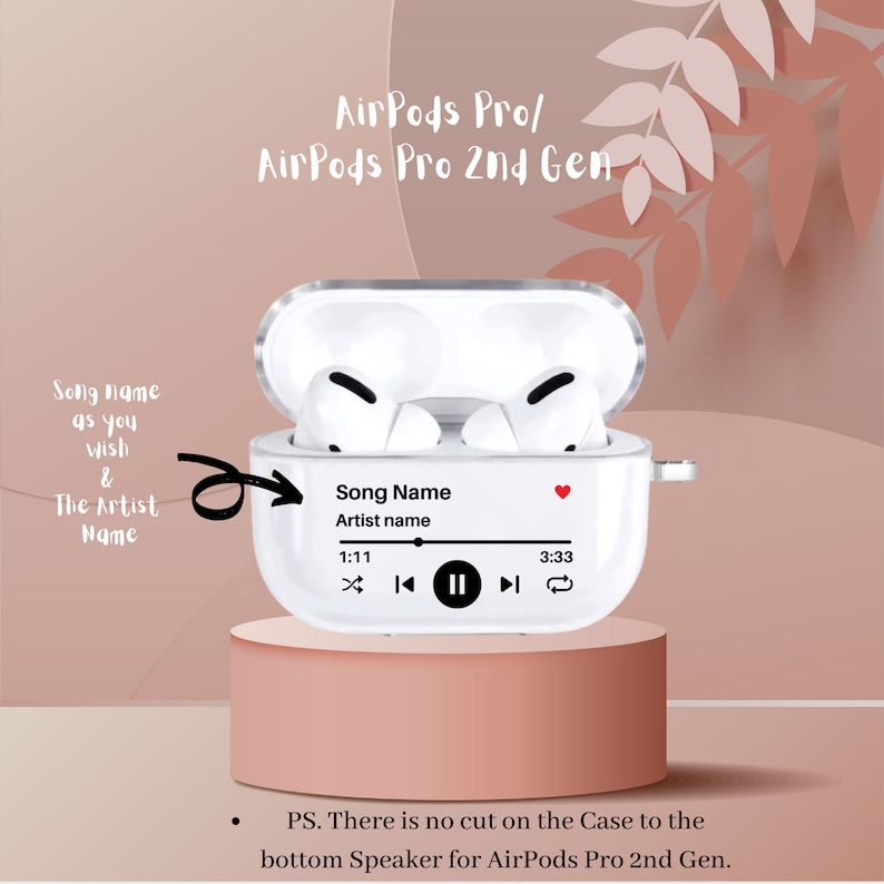 May include: A clear protective case for AirPods Pro 2nd Gen with a white front panel that displays a song title, artist name, and music player controls. The text on the case reads "Song Name" and "Artist name".