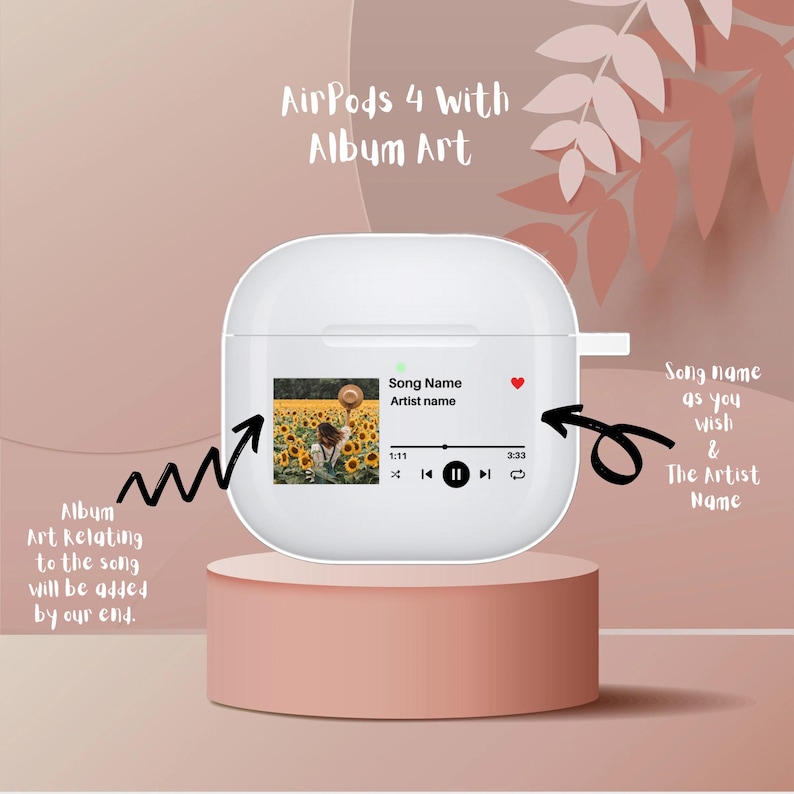 May include: White AirPods case with a custom album art design. The case has a screen that displays the album art, song title, and artist name. The screen also has play and pause buttons.