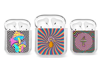 Étui pour AirPods rétro hippie champignon psychédélique occulte Étui transparent pour AirPods 1 génération AirPods 2 génération AirPods Pro 2 AirPods 3 génération et AirPods 4