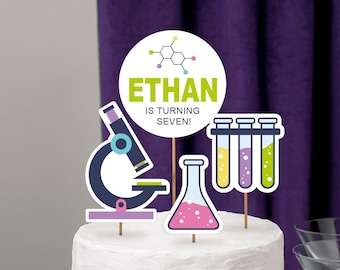 Science Party Cake Toppers, Chemistry Centerpiece Figure, Mad Scientist Birthday Toppers, Printable Name Topper, Custom Cake Toppers, Set 2