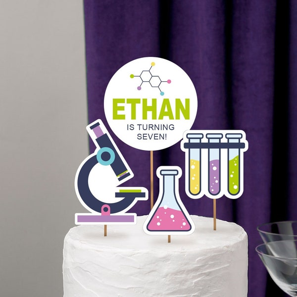 Science Party Cake Toppers, Chemistry Centerpiece Figure, Mad Scientist Birthday Toppers, Printable Name Topper, Custom Cake Toppers, Set 2