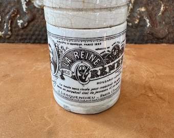 Antique French La Reine Des Cremes Ironstone Lidded Advertising Pot -  c. 1890