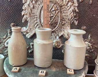 English Antique Shapely Stone Bottles c. 1890 - 4.75” tall