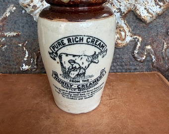 Rare Antique Scottish Cream Pot – Huntly Creamery Stoneware Jar, Pure Rich Cream, Aberdeenshire c. 1900