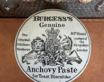 Antique English Ironstone Burgess’s Anchovy Paste Lidded Advertising Pot, c.1890