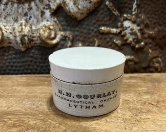 H.H. Gourlay Pharmaceutical CHEMIST Antique  Advertising Pot Printed Base w/ Lid - Lytham, c. 1900