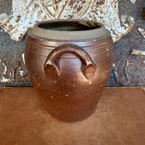 Vintage French Confit Pot Small Stoneware Crock Brown Glazed Pottery Jar with Handles Rustic French Country Kitchen Decor
